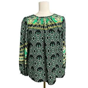 LOFT Tunic Blouse Womens Small Green Geometric Print Balloon Sleeve Boho Top